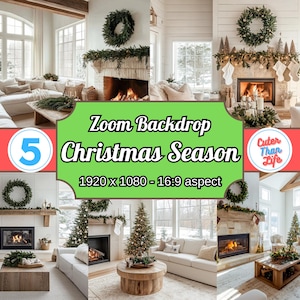 May include: Five different images of a living room decorated for Christmas. The room features a white sectional sofa, a fireplace with a mantel, a Christmas tree, and a large window. The text "Zoom Backdrop Christmas Season 1920 x 1080 - 16:9 aspect" is displayed on the image.