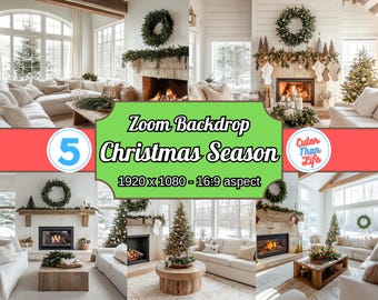 Könnte beinhalten: Fünf verschiedene Bilder eines Wohnzimmers, das für Weihnachten dekoriert ist. Der Raum verfügt über ein weißes Ecksofa, einen Kamin mit einem Kaminsims, einen Weihnachtsbaum und ein großes Fenster. Der Text "Zoom Backdrop Christmas Season 1920 x 1080 - 16:9 aspect" wird auf dem Bild angezeigt.