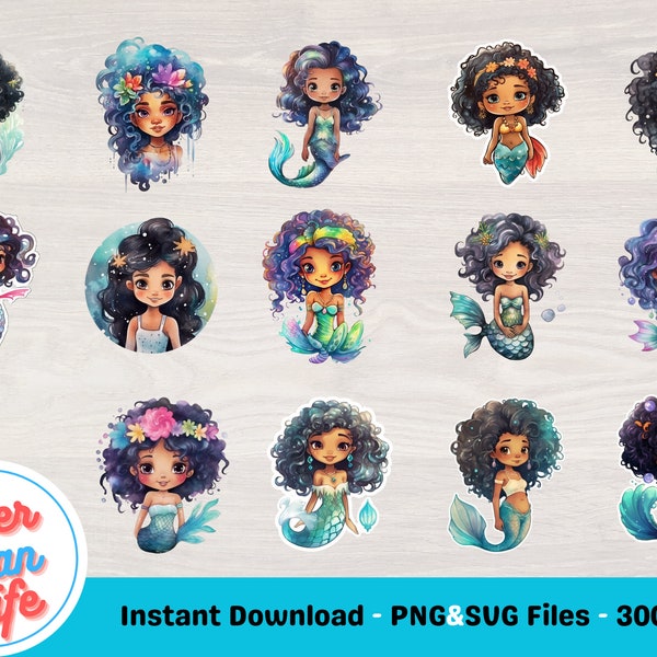 17 Black Mermaid SVG Bundle, Black Mermaid PNG Bundle, Watercolor Black Mermaid Clipart Bundle, Afro Mermaid, African American Mermaid