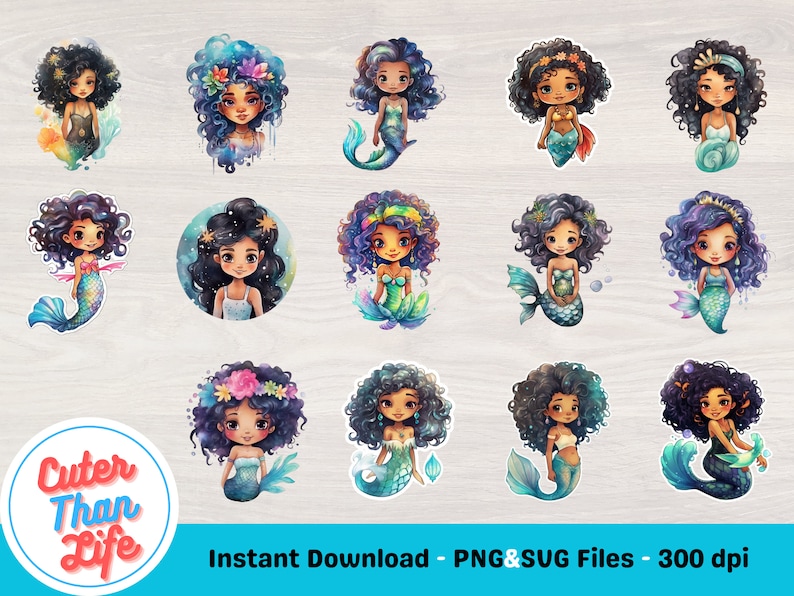 17 Black Mermaid SVG Bundle, Black Mermaid PNG Bundle, Watercolor Black