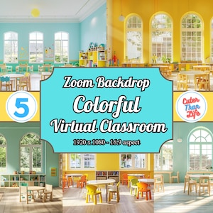 Puede incluir: Un fondo de pantalla de aula virtual colorido con cinco escenas diferentes, que incluyen un aula con paredes amarillas y ventanas grandes, un aula con paredes azules y ventanas grandes, y un aula con paredes verdes y ventanas grandes. El fondo de pantalla es perfecto para reuniones de Zoom y clases en línea. El texto "Zoom Backdrop Colorful Virtual Classroom 1920 x 1080 - 16:9 aspect" se muestra en el fondo de pantalla.