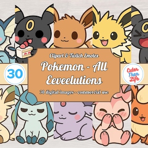Peut inclure: Ensemble de cliparts numériques et d'émoticônes Twitch représentant les Évolutions Pokémon. L'image comprend 30 images numériques pour un usage commercial, avec des personnages de différentes couleurs et poses.