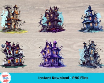 x32 Watercolor Haunted House Clipart PNG Printable Halloween Spooky Horror Mansion Junk Journal Handmade PNG Digital Download Commercial Use