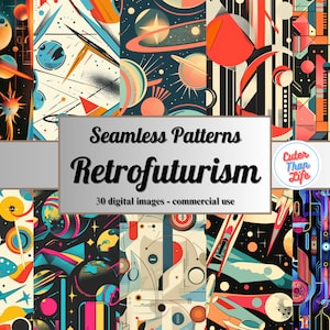 Può includere: Un set di 30 motivi digitali senza cuciture con design retrò-futuristici. I motivi includono forme geometriche, stelle, pianeti e astronavi in una varietà di colori, tra cui nero, bianco, rosso, blu, giallo e verde. I motivi sono perfetti per l'uso in progetti digitali e di stampa.