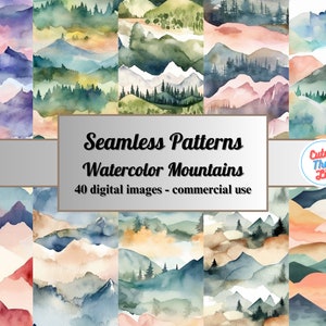 x40 Fondos de montaña en acuarela, papeles digitales, patrones sin costuras de paisajes, texturas imprimibles para álbumes de recortes, manualidades, envoltura de vasos