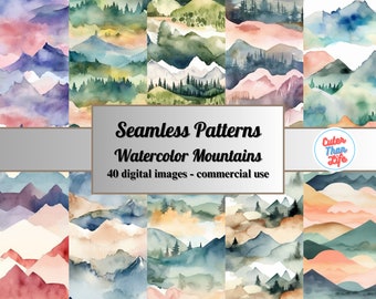 x40 aquarel bergachtergronden, digitaal papier, landschap naadloze patronen, afdrukbare texturen voor scrapbooking, ambachten, bekeromslag