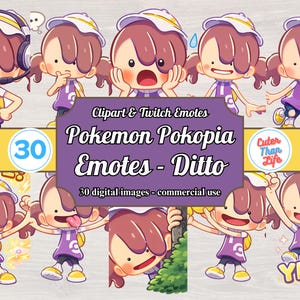 Könnte beinhalten: Eine Sammlung digitaler Cliparts und Twitch-Emotes mit einer Cartoonfigur in verschiedenen Posen. Die Figur trägt ein lila Outfit, einen weißen Hut und hat braune Haare. Der Text lautet "Pokemon Pokopia Emotes - Ditto".