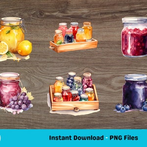 x23 Watercolor jars of jam clipart bundle, food clipart, cottagecore clipart, strawberry jam, jelly clipart, scrapbooking, watercolor jam