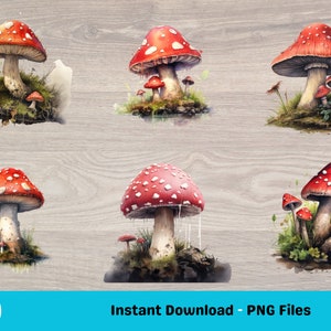 x30 clipart champignon vénéneux Goblincore, lot de cliparts aquarelle champignon, witchy fantasy planner Cottagecore clipart conte de fées PNG vintage pack