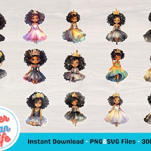 20 Black Princess SVG Bundle, Black Princess PNG Bundle, Watercolor Clipart Bundle Children Party Invitation Watercolor Nursery Decor, PDF