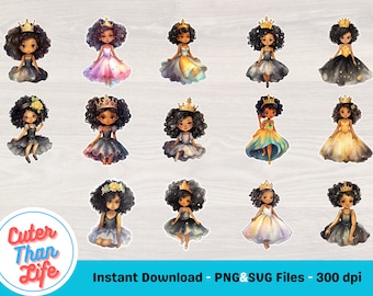20 Black Princess SVG Bundle, Black Princess PNG Bundle, Watercolor Clipart Bundle Children Party Invitation Watercolor Nursery Decor, PDF