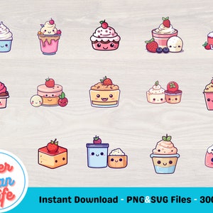 x24 Dessert Clipart, kommerzielle Lizenz, Kawaii Dessert Clipart, süßes Dessert SVG-Bundle, Kawaii Dessert PNG-Bundle, Dessert Kunst, Desserts