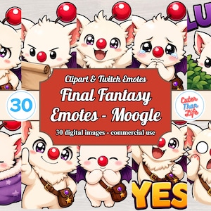 May include: A collection of 30 digital Moogle character illustrations for Twitch emotes, featuring various expressions including crying, sleeping, and laughing, with the text Clipart & Twitch Emotes Final Fantasy Emotes - Moogle 30 digital images - commercial use.