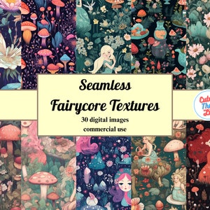 30 Seamless Fairycore Patterns, Enchanted Garden Digital Paper, fairy lights fantasy backgrounds, mushrooms, green magic, commercial use
