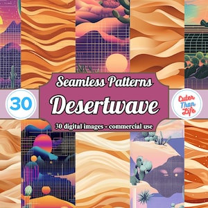 May include: A set of 30 digital seamless patterns featuring desertwave designs. The patterns include a variety of colors, including orange, purple, and blue. The patterns are perfect for use in a variety of projects, such as scrapbooking, card making, and digital design.  "Seamless Patterns Desertwave" and "30 digital images - commercial use" are written on the image.