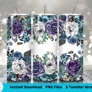 5 Teal and Purple Flowers 20oz Tumbler Wrap & 30oz Tumbler Wrap - PNG Tumbler Design Sublimation - Digital Designs Downloads Commercial Use
