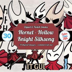 Könnte beinhalten: Digitale Cliparts und Twitch-Emotes mit Hornet aus Hollow Knight Silksong. Die Bilder zeigen Hornet in verschiedenen Posen und Ausdrücken, mit rotem Umhang und weißer Maske. Der Text lautet "Hornet - Hollow Knight Silksong".