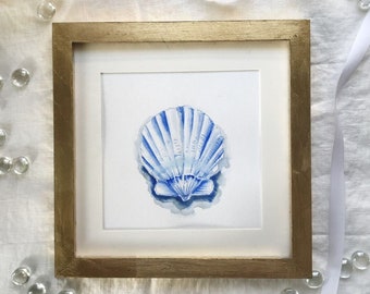 Seashell Watercolor Painting, Original watercolor art, minimalist beach art, blue and white nautical, seashell wall decor, coastal wall art