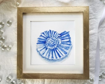 Seashell Watercolor Painting, Original watercolor art, minimalist beach art, blue and white nautical, seashell wall decor, coastal wall art