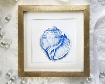 Seashell Watercolor Painting, Original watercolor art, minimalist beach art, blue and white nautical, seashell wall decor, coastal wall art