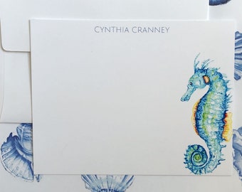 Personalized Stationery, seahorse, custom gift for her, your name, Note Card set, coastal art, beach design, watercolor card, blue and white