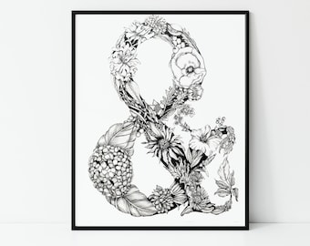 Ampersand Print, Ampersand typography art, floral watercolor ampersand, floral ampersand, botanical wall art.