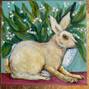 Original Rabbit Painting: Lily of the Valley, Gold Leaf Border