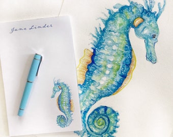 Personalized Notepad, Seahorse watercolor, To Do List, office organization, custom gift for her, beach vibe, work from home