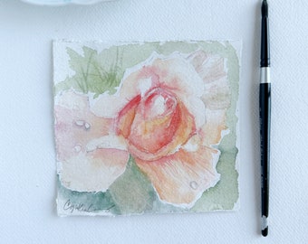 Rose watercolor painting, original art, gift for her, floral artwork,  wall decor, cottagecore,  small floral painting, rose still life art