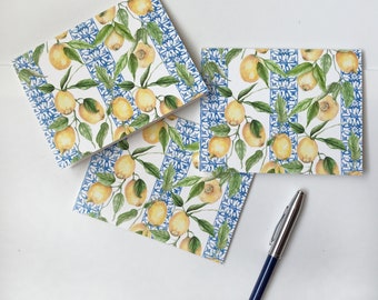 Note Card Set, Folded Card, Letter Writing set, Botanical notecards, Thank you cards, blue and white, hostess gift for her, lemons