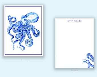 Personalized Stationery, Octopus notecards, personalized, monogram, custom, watercolor card, blue and white stationery