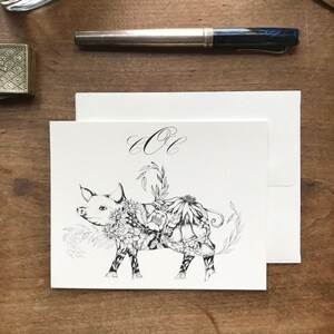 Papelería personalizada, tarjetas en blanco y negro, cerdo, tarjeta de cerdo, monograma, personalizado, monograma, arte de tatuaje de cerdo