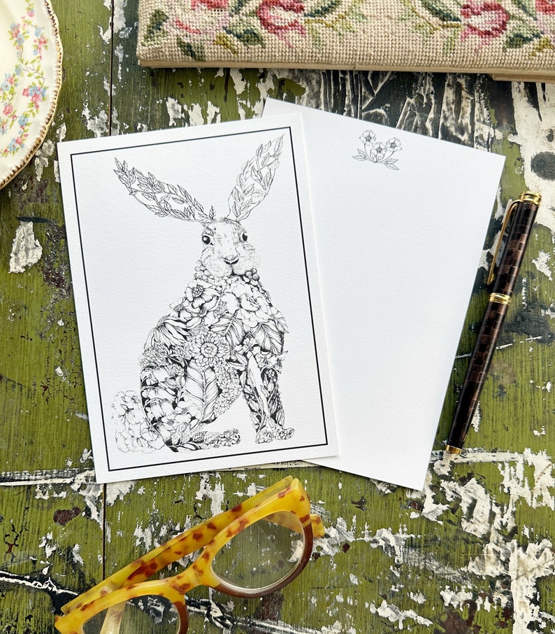 Personalized Stationery, Rabbit illustration, Floral bunny print, custom gift for her, Notecard set, image 6