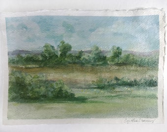 Original landscape painting, gouache painting, pastoral scene, small painting on paper