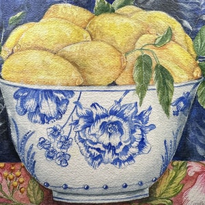 Original Lemon Watercolor Painting: Chinoiserie Bowl Still Life