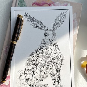 Personalized Stationery, Rabbit illustration, Floral bunny print, custom gift for her, Notecard set, image 1