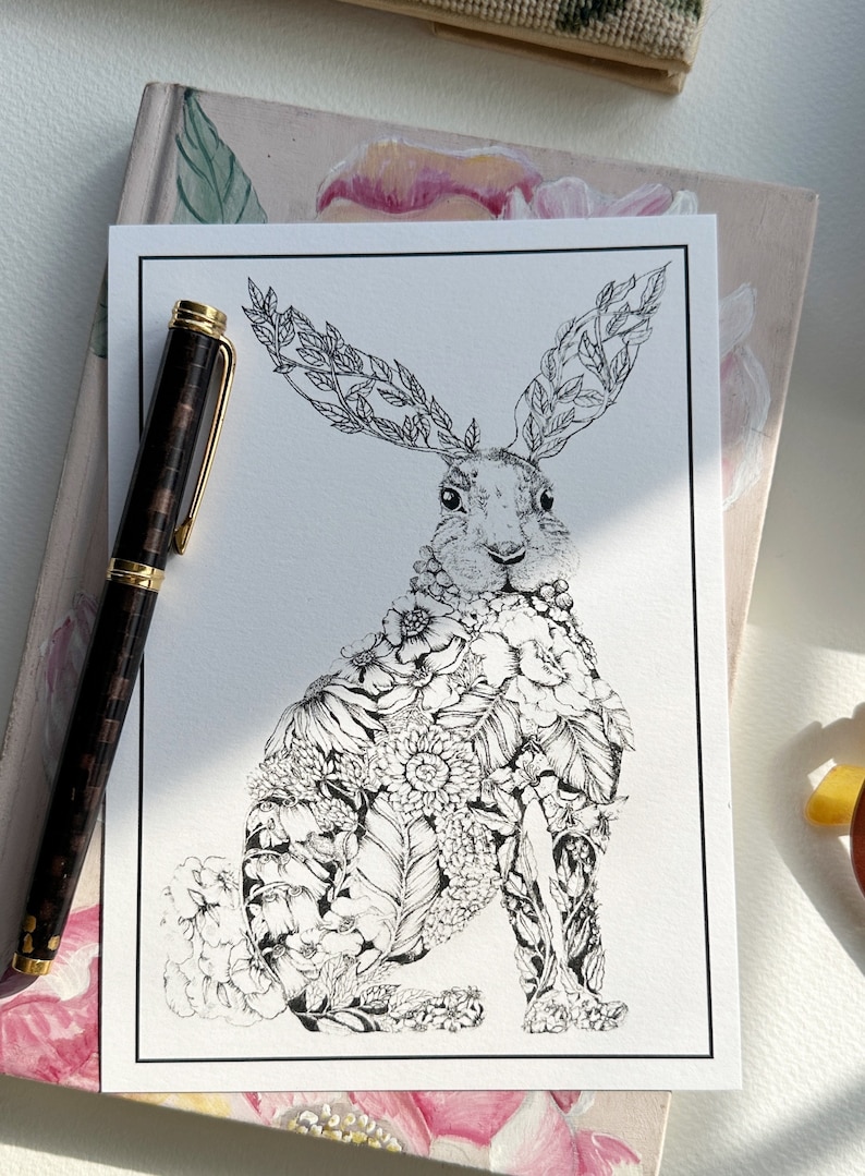 Personalized Stationery, Rabbit illustration, Floral bunny print, custom gift for her, Notecard set, image 1