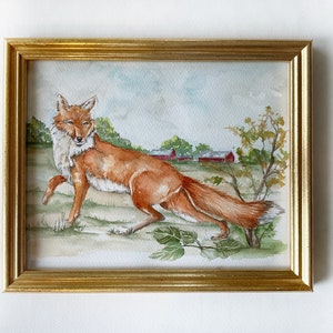 Fox watercolor painting, original art, equestrian art, wild animal artwork, boys room, nursery, farmhouse image 2