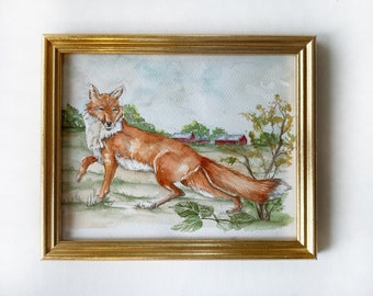 Fox watercolor painting, original art, equestrian art, wild animal artwork, boys room, nursery, farmhouse