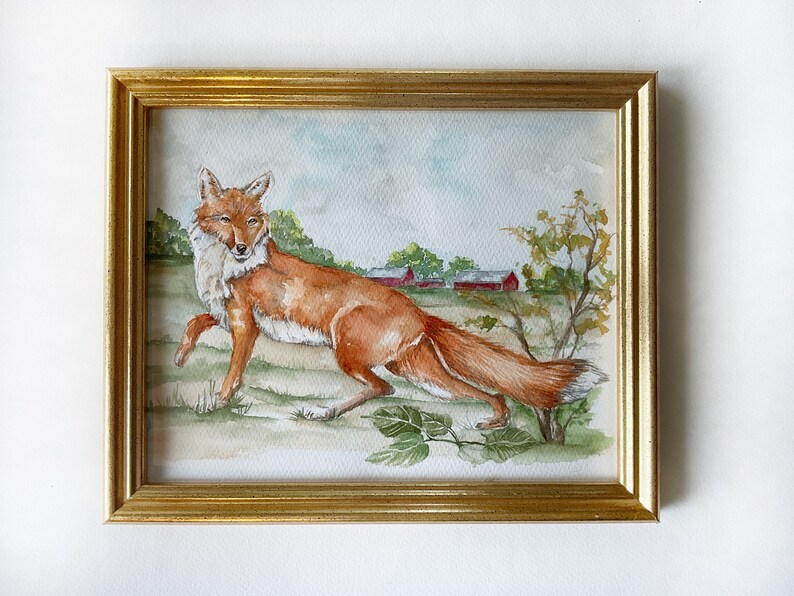 Fox watercolor painting, original art, equestrian art, wild animal artwork, boys room, nursery, farmhouse image 2