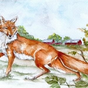 Fox watercolor painting, original art, equestrian art, wild animal artwork, boys room, nursery, farmhouse image 1