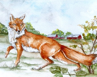 Fox watercolor painting, original art, equestrian art, wild animal artwork, boys room, nursery, farmhouse