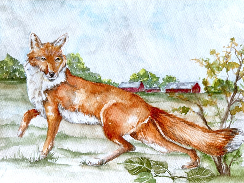 Fox watercolor painting, original art, equestrian art, wild animal artwork, boys room, nursery, farmhouse image 1
