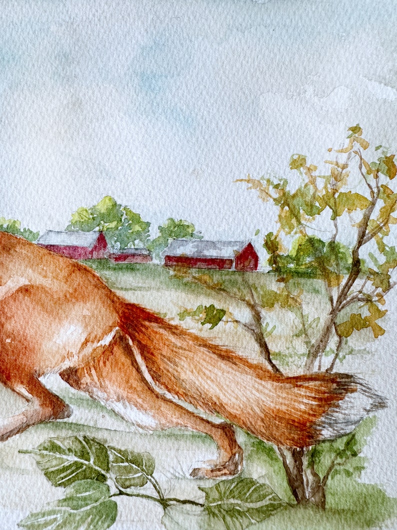 Fox watercolor painting, original art, equestrian art, wild animal artwork, boys room, nursery, farmhouse image 6
