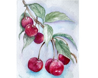 Original watercolor painting of a cherry branch, kitchen art, wall decor, modern farmhouse, red cherries, boho wall art