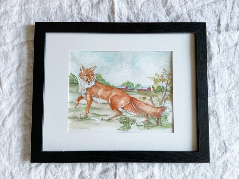 Fox watercolor painting, original art, equestrian art, wild animal artwork, boys room, nursery, farmhouse image 4