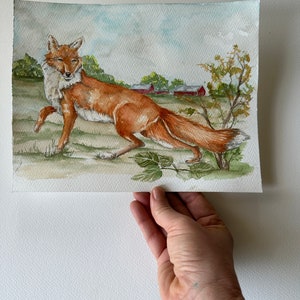 Fox watercolor painting, original art, equestrian art, wild animal artwork, boys room, nursery, farmhouse image 9