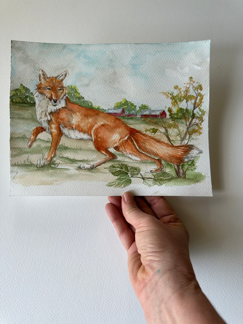 Fox watercolor painting, original art, equestrian art, wild animal artwork, boys room, nursery, farmhouse image 9
