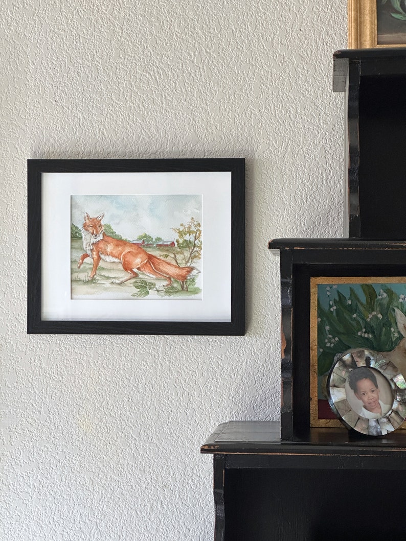Fox watercolor painting, original art, equestrian art, wild animal artwork, boys room, nursery, farmhouse image 8