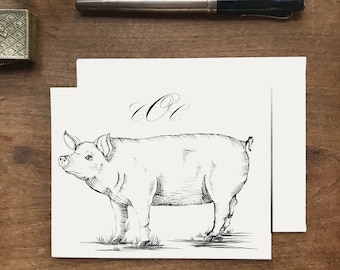 Personalized Stationery, black and white notecards, pig, pig card, monogram, custom, monogram, pig pen and ink art